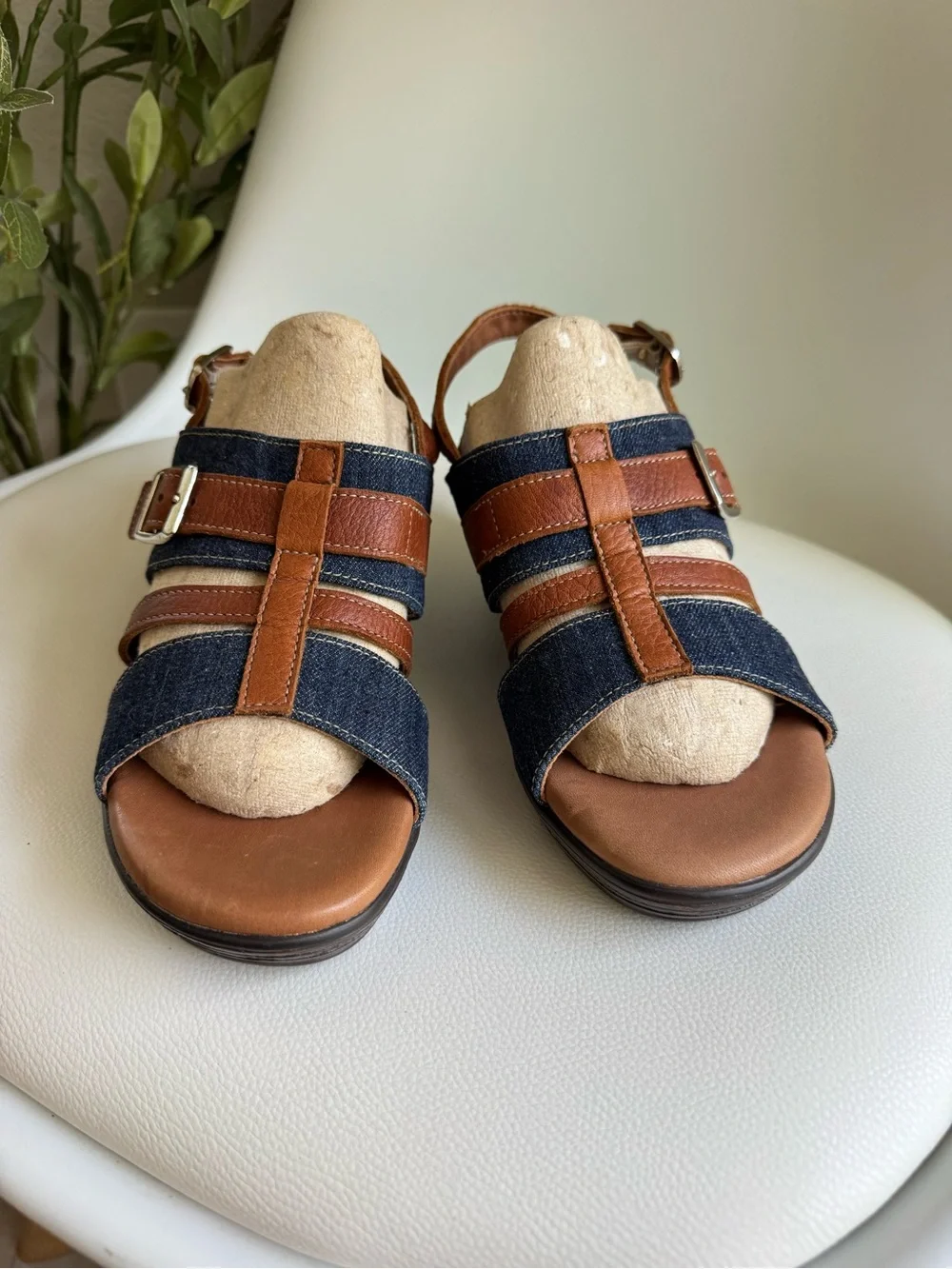 SAS Layla Denim Leather Wedge Sandals Women's 7.5 M Blue Brown Made in USA